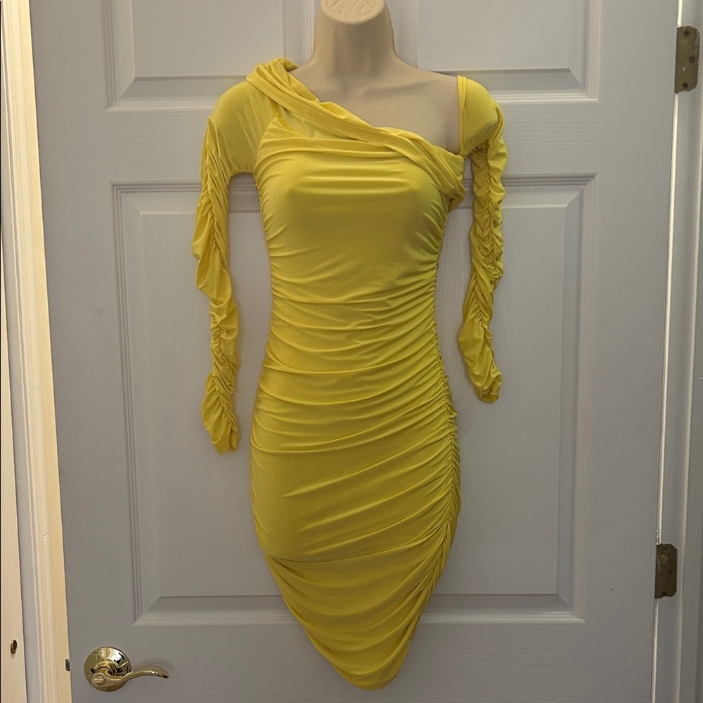 Fashion Nova Yellow One-Shoulder Ruched Bodycon Dress